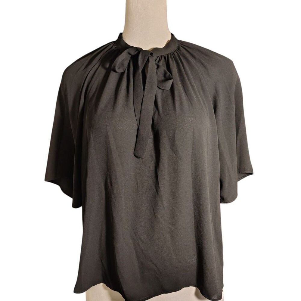 ANN TAYLOR Tie-Neck Flutter Sleeve Blouse Blouse Black XXS